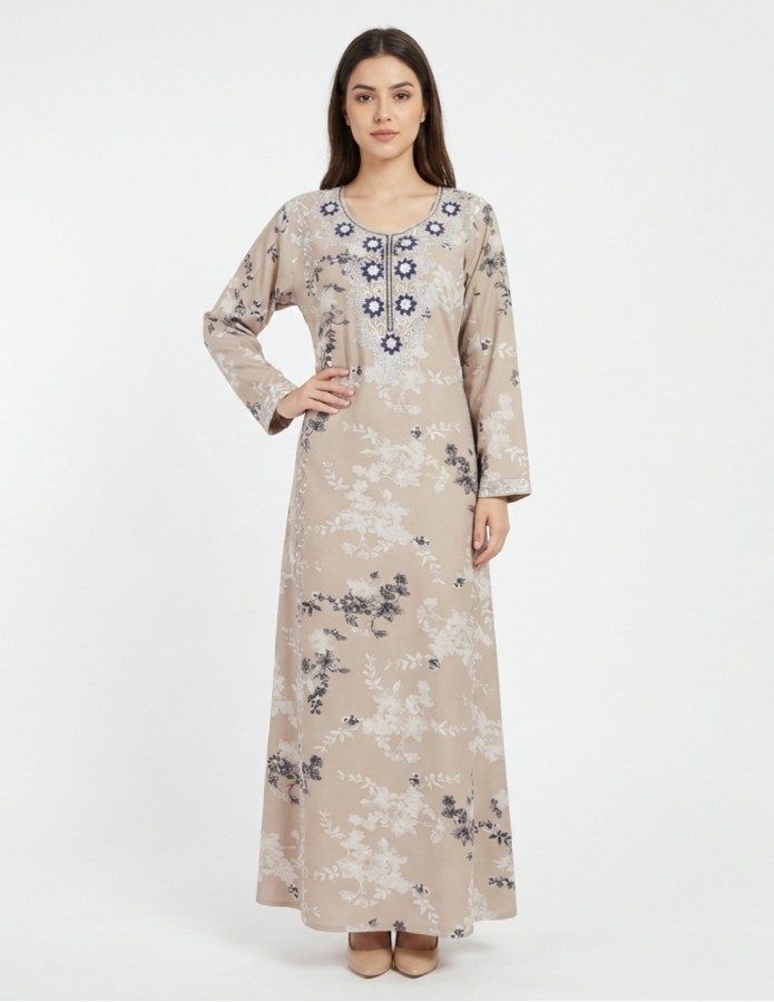 Floral Printed Casual Jalabiya with Purple Rose Embroidery