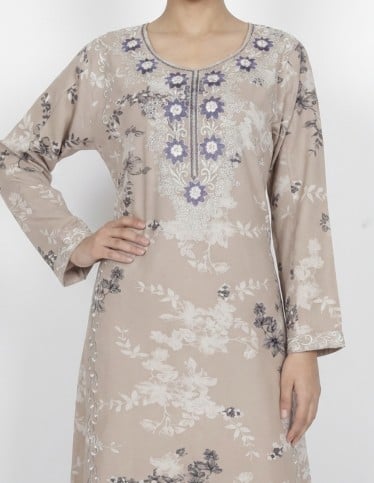 Floral Printed Casual Jalabiya with Purple Rose Embroidery