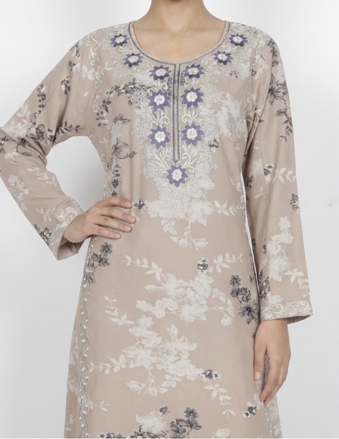 Floral Printed Casual Jalabiya with Purple Rose Embroidery