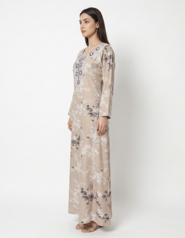 Floral Printed Casual Jalabiya with Purple Rose Embroidery