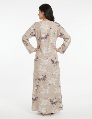 Floral Printed Casual Jalabiya with Purple Rose Embroidery