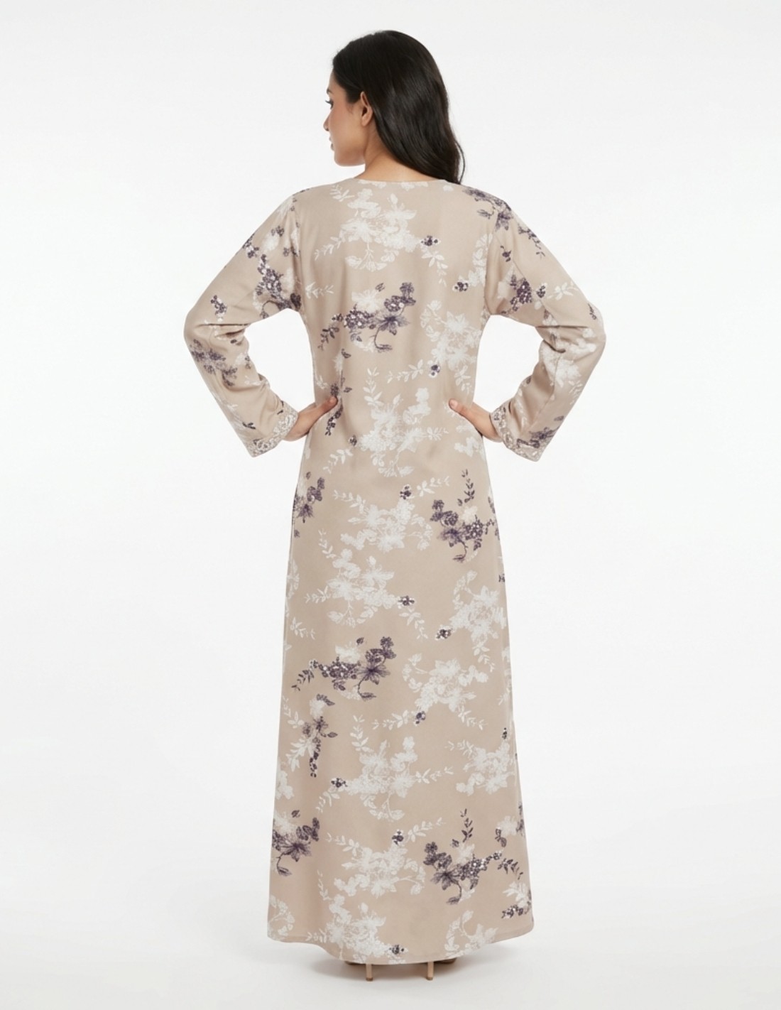 Floral Printed Casual Jalabiya with Purple Rose Embroidery