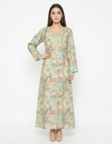 Elegant Watercolor Print Jalabiya with Hand-Embroidered Accents