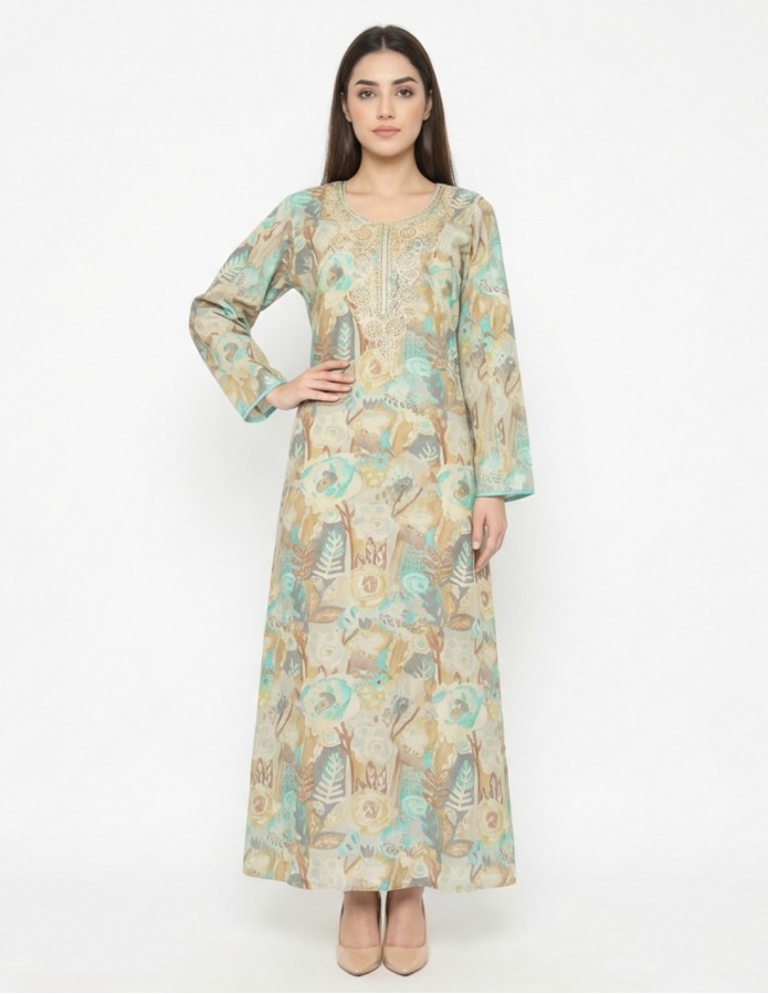 Elegant Watercolor Print Jalabiya with Hand-Embroidered Accents