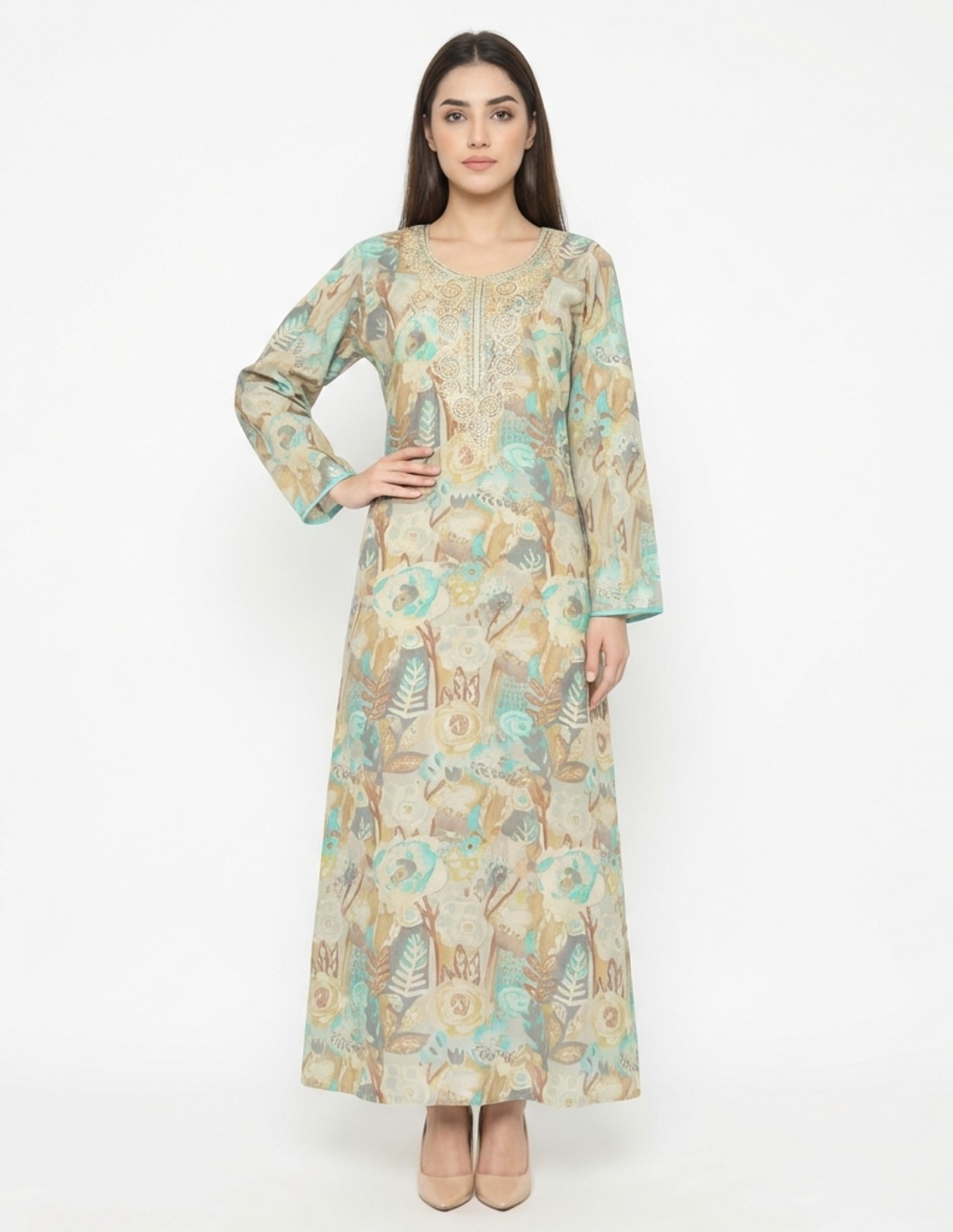 Elegant Watercolor Print Jalabiya with Hand-Embroidered Accents