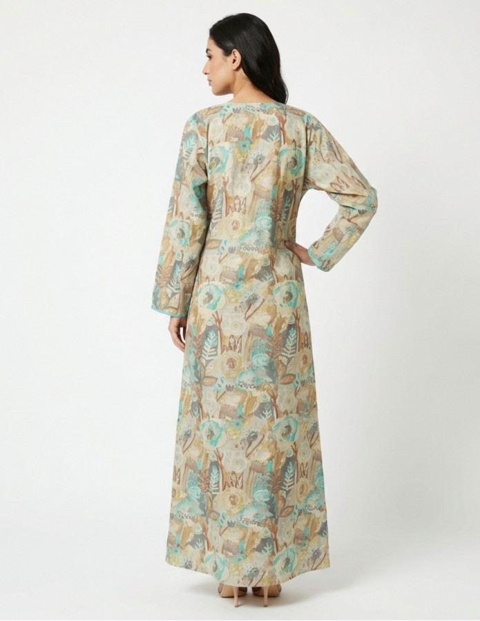 Elegant Watercolor Print Jalabiya with Hand-Embroidered Accents