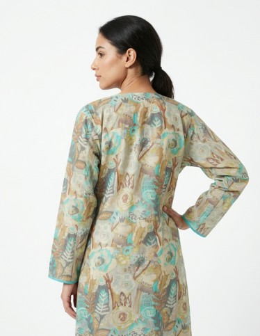 Elegant Watercolor Print Jalabiya with Hand-Embroidered Accents