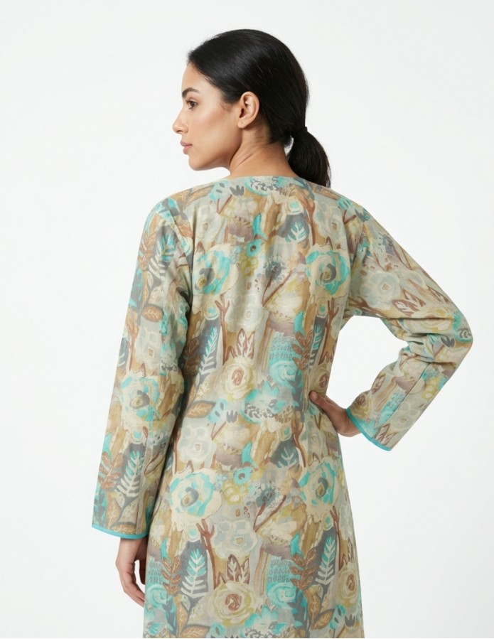 Elegant Watercolor Print Jalabiya with Hand-Embroidered Accents