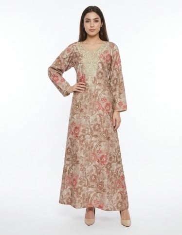 Elegant Floral Print Jalabiya with Royal Embroidered Neckline