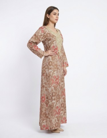 Elegant Floral Print Jalabiya with Royal Embroidered Neckline