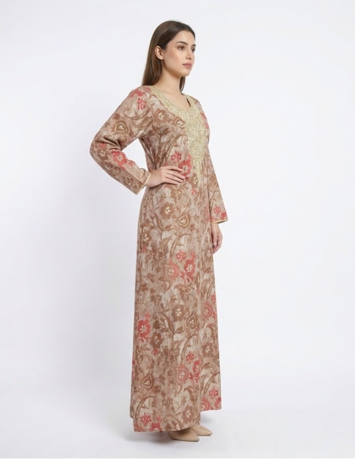 Elegant Floral Print Jalabiya with Royal Embroidered Neckline