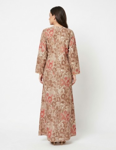 Elegant Floral Print Jalabiya with Royal Embroidered Neckline