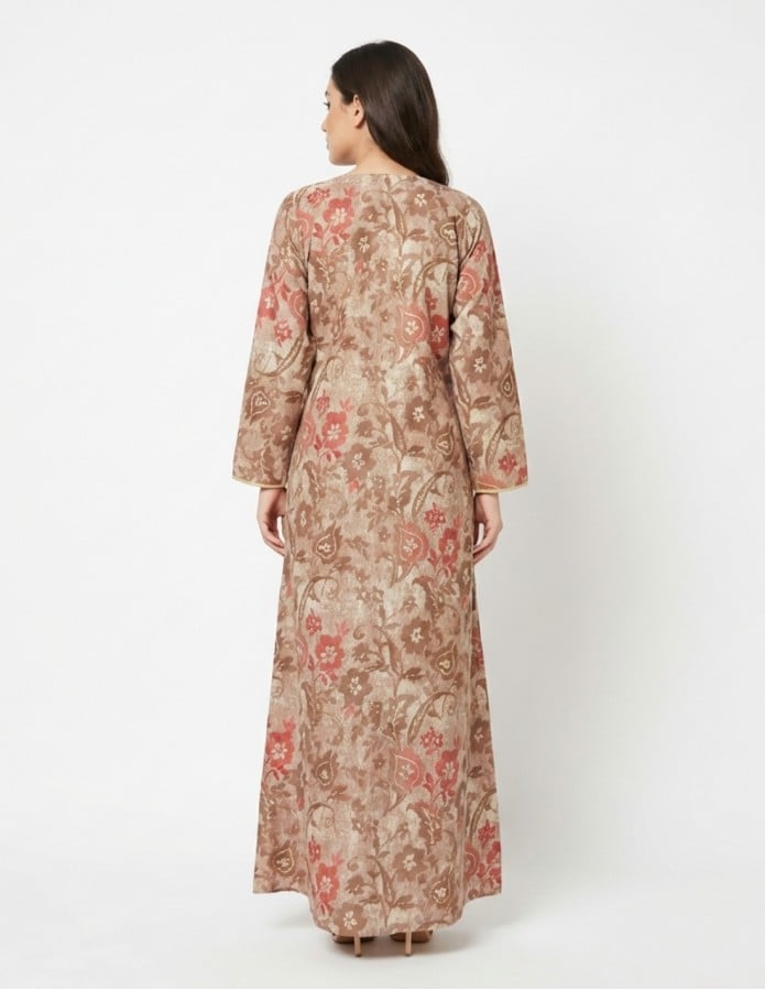 Elegant Floral Print Jalabiya with Royal Embroidered Neckline