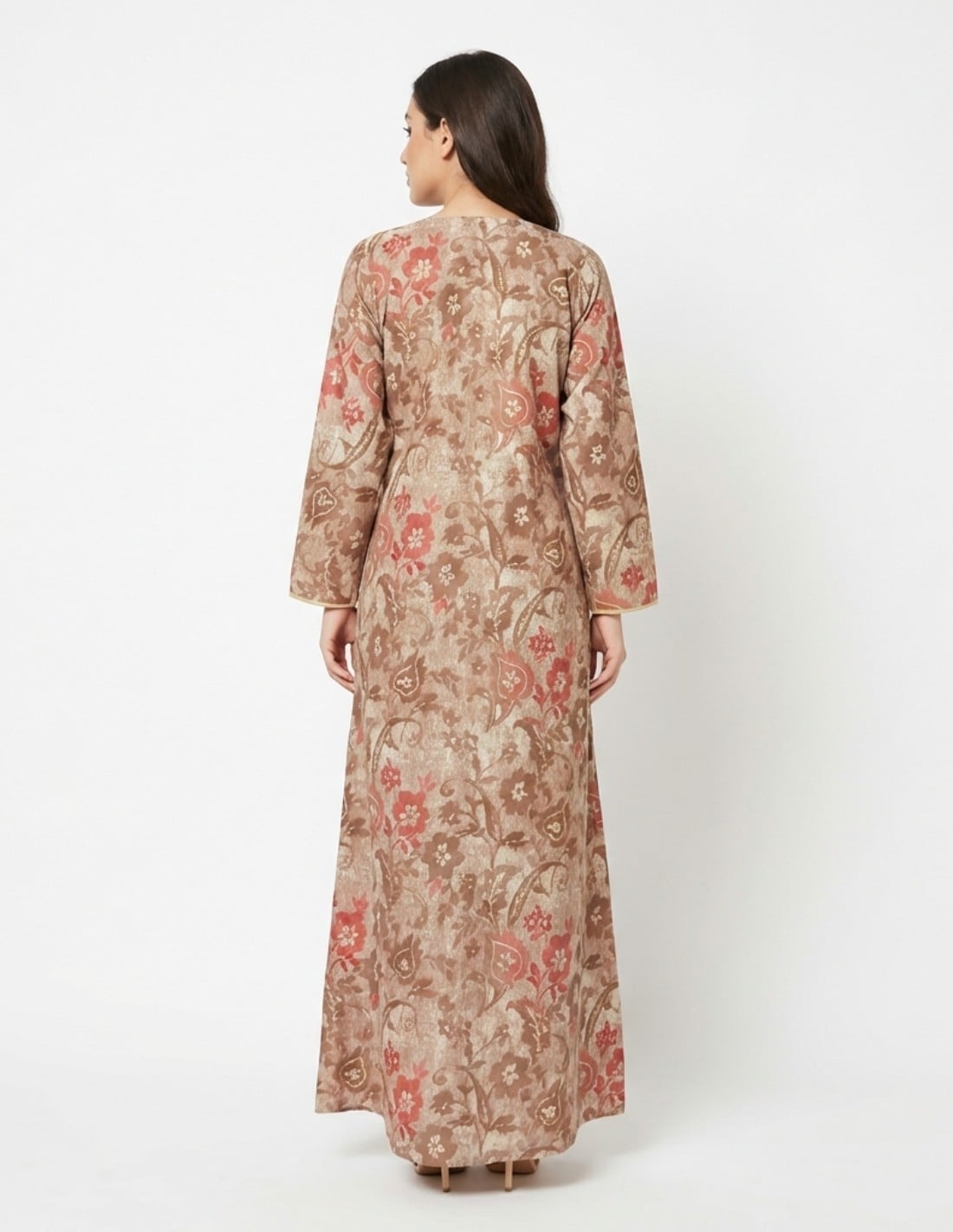 Elegant Floral Print Jalabiya with Royal Embroidered Neckline