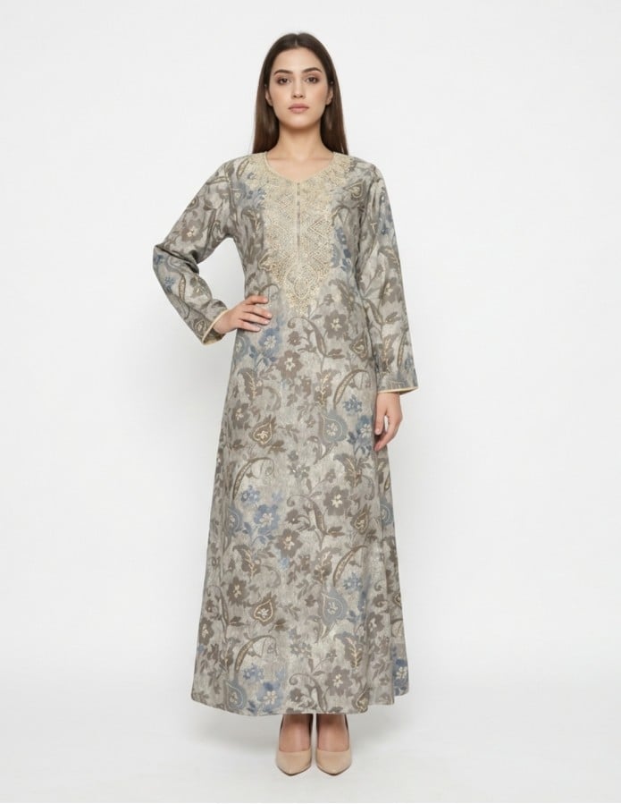 Classic Grey Jalabiya with Royal Gold Embroidery