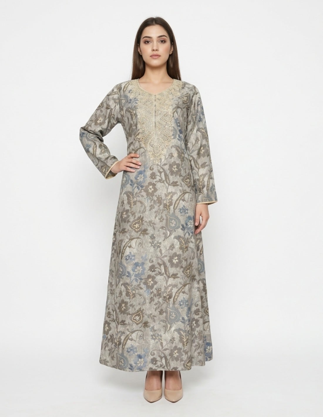 Classic Grey Jalabiya with Royal Gold Embroidery