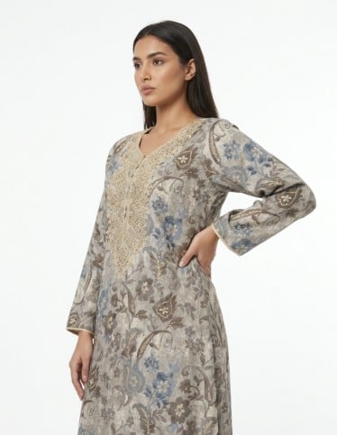 Classic Grey Jalabiya with Royal Gold Embroidery