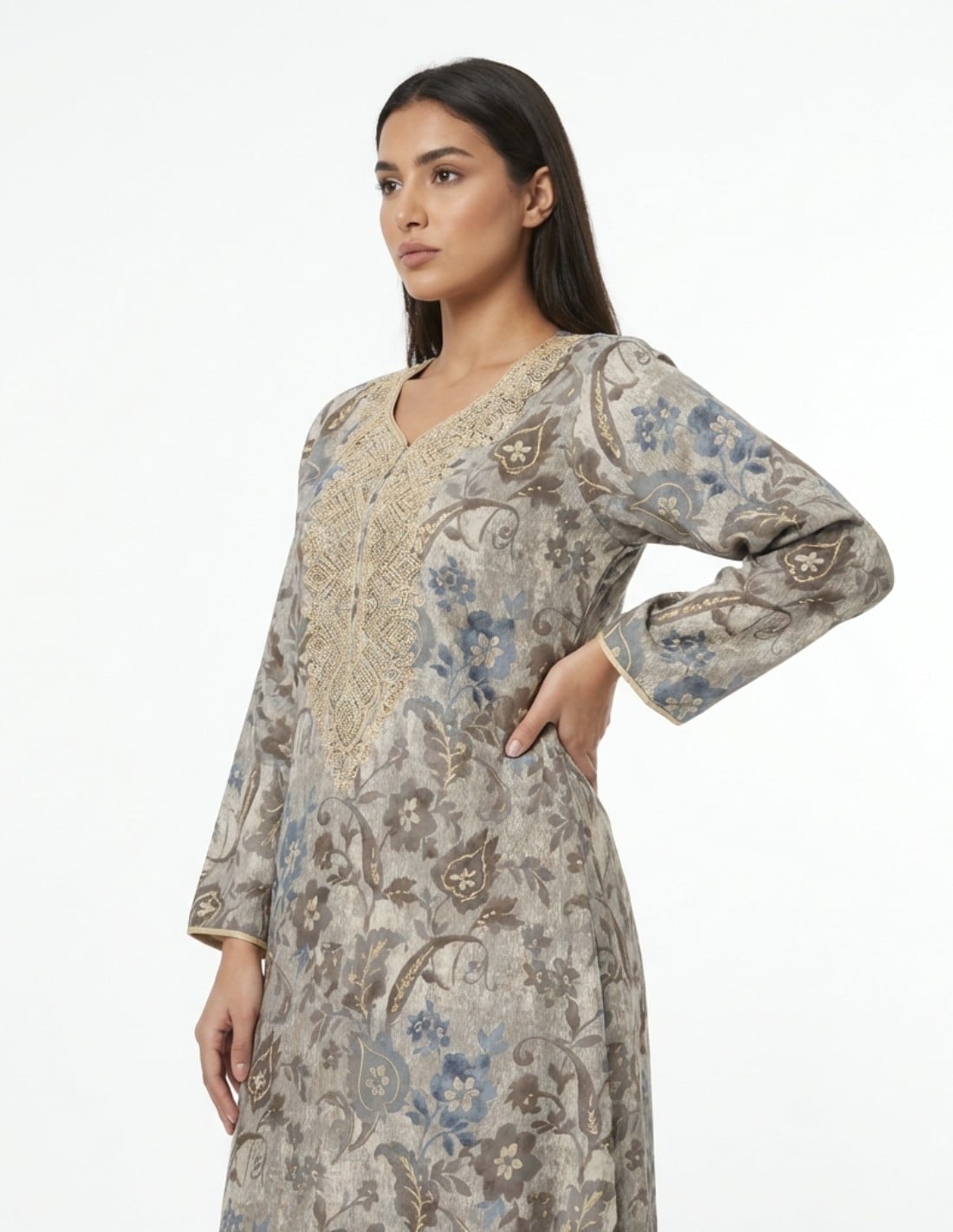 Classic Grey Jalabiya with Royal Gold Embroidery