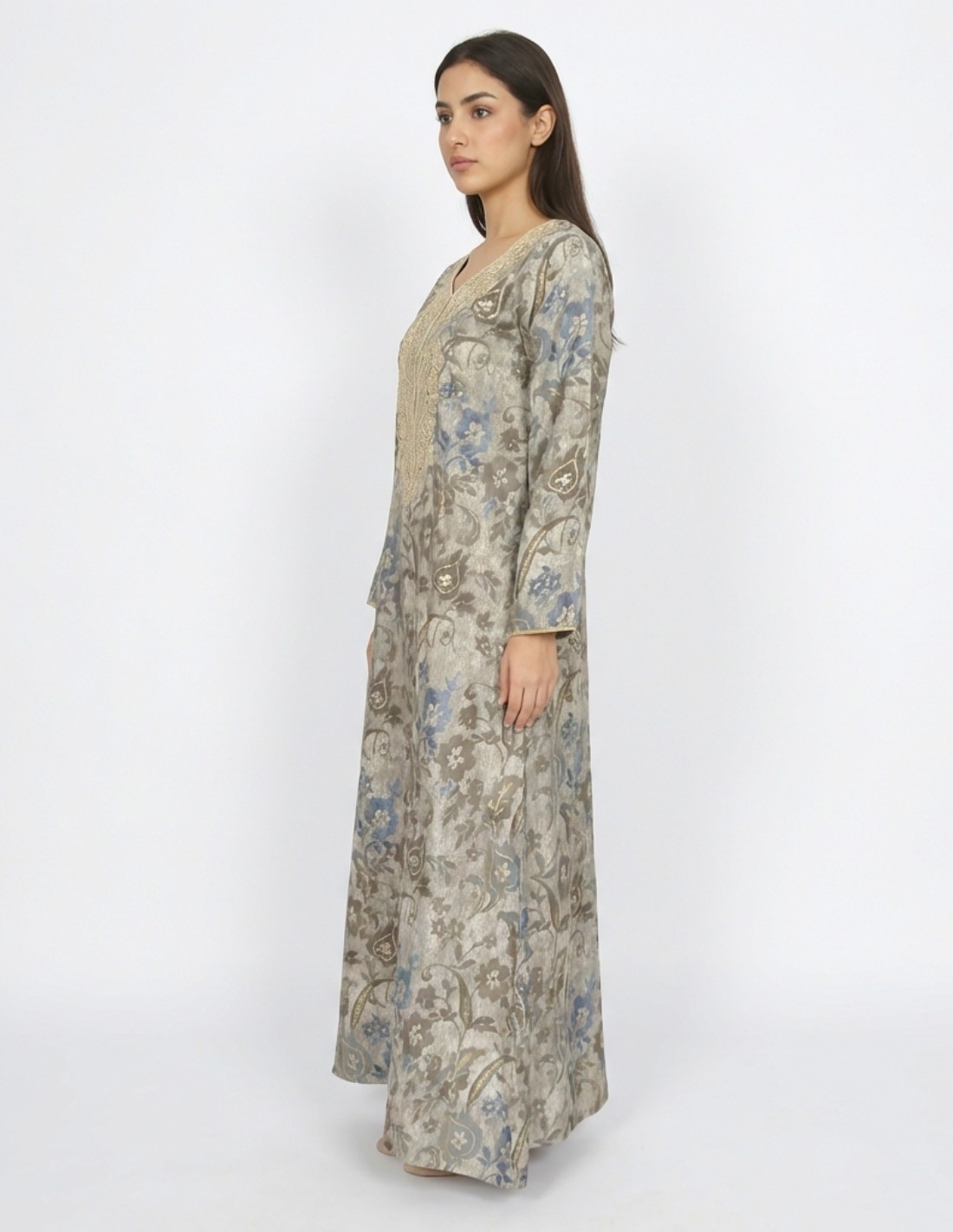 Classic Grey Jalabiya with Royal Gold Embroidery