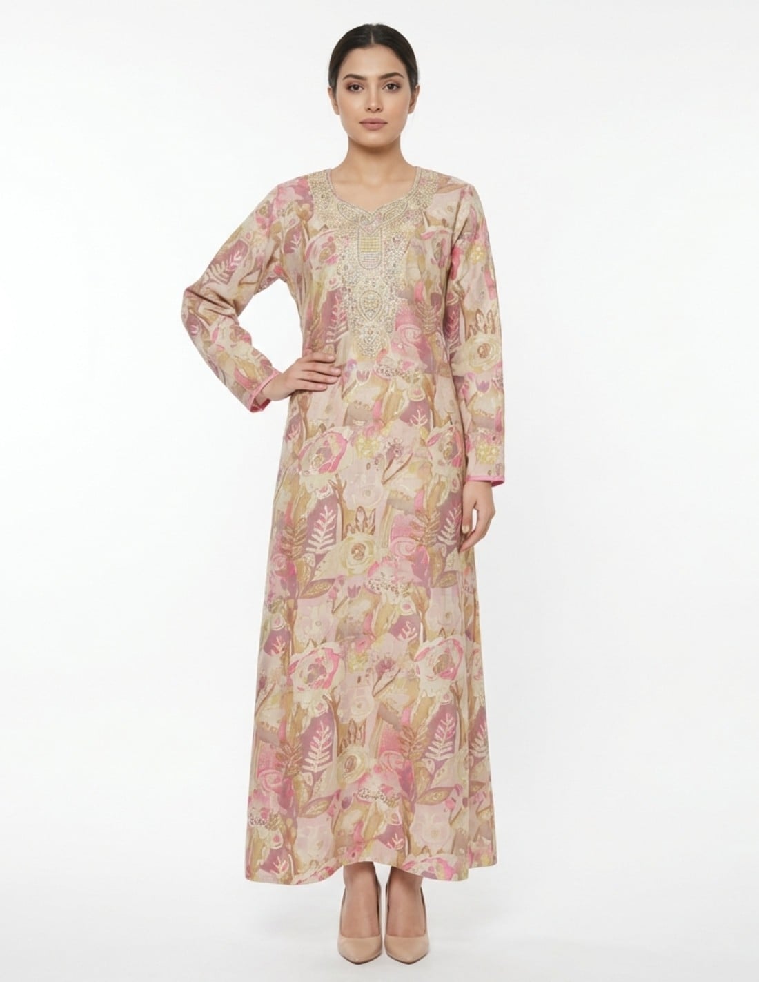 Floral Casual Jalabiya with Gold Accents and Royal Chest Embroidery