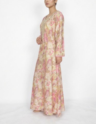 Floral Casual Jalabiya with Gold Accents and Royal Chest Embroidery