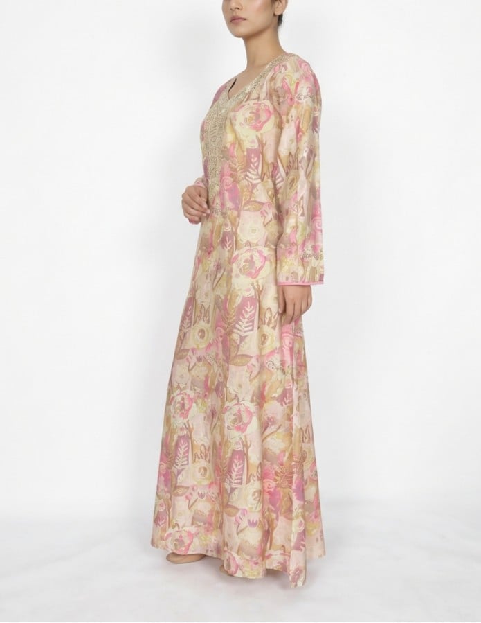 Floral Casual Jalabiya with Gold Accents and Royal Chest Embroidery