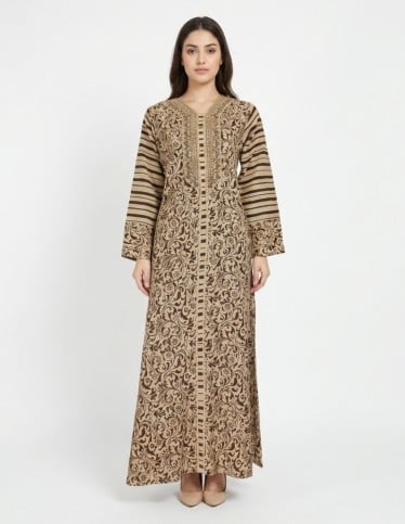 Classic Moroccan Jalabiya with Royal Patterns and Luxury Gold Embroidery