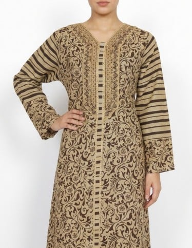 Classic Moroccan Jalabiya with Royal Patterns and Luxury Gold Embroidery