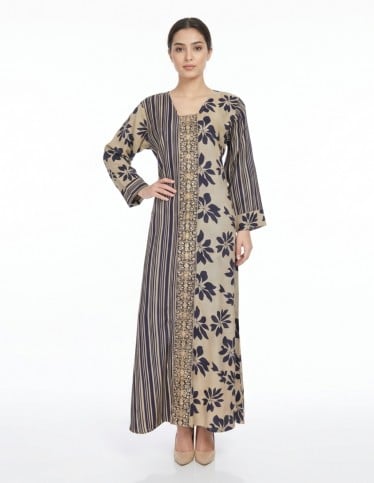 Modern Women's Jalabiya with Mixed Stripes, Floral Prints, and Luxury Gold Embroidery