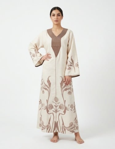 Heritage Elegance - Beige Jalabiya with Brown Floral Embroidery