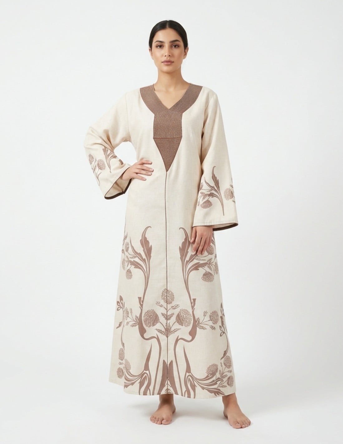 Heritage Elegance - Beige Jalabiya with Brown Floral Embroidery