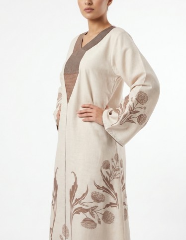 Heritage Elegance - Beige Jalabiya with Brown Floral Embroidery