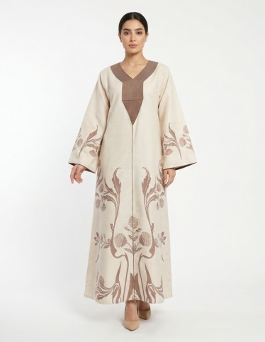 Heritage Elegance - Beige Jalabiya with Brown Floral Embroidery