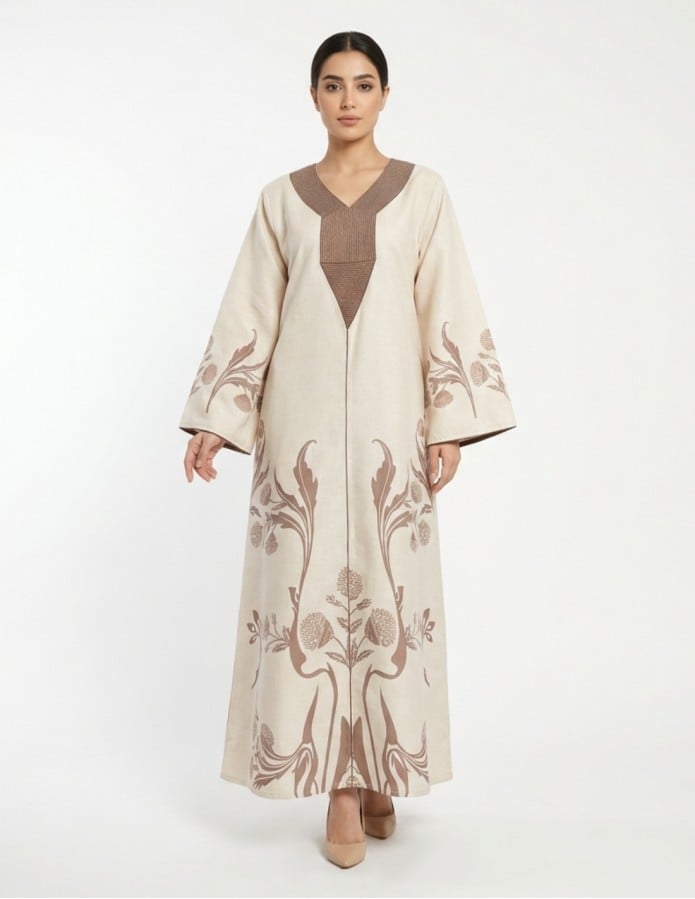 Heritage Elegance - Beige Jalabiya with Brown Floral Embroidery