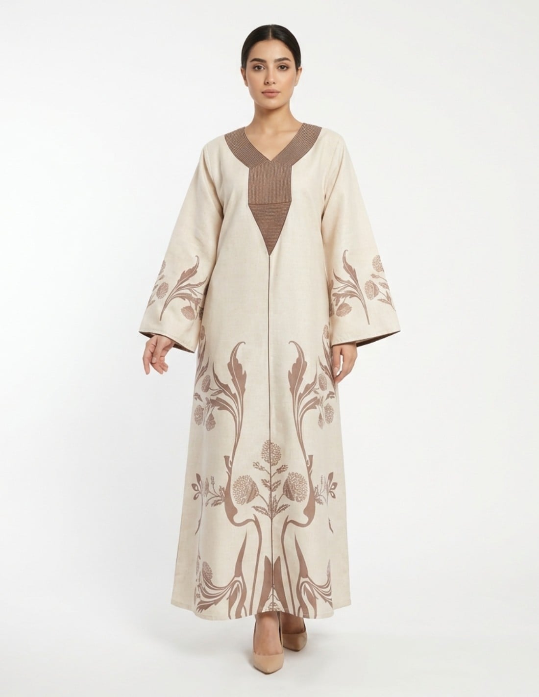 Heritage Elegance - Beige Jalabiya with Brown Floral Embroidery