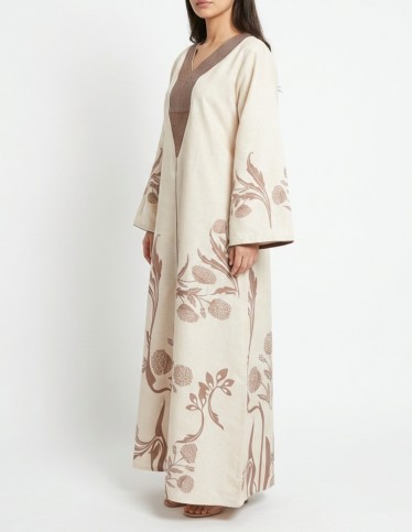 Heritage Elegance - Beige Jalabiya with Brown Floral Embroidery