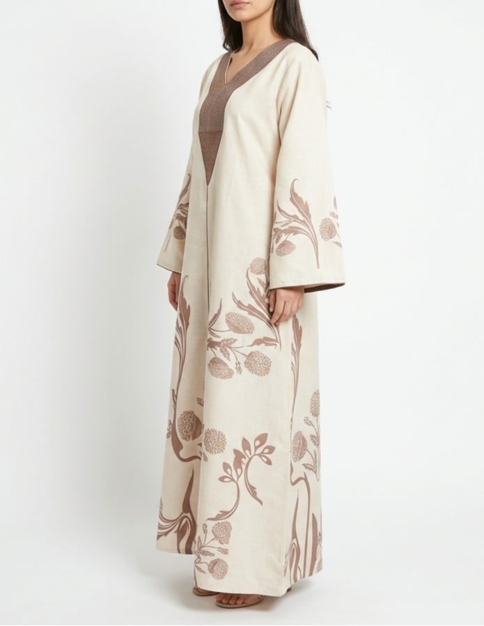 Heritage Elegance - Beige Jalabiya with Brown Floral Embroidery