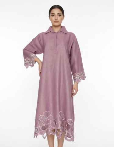 Purple Linen-Style Jalabiya with Laser-Cut Floral Details