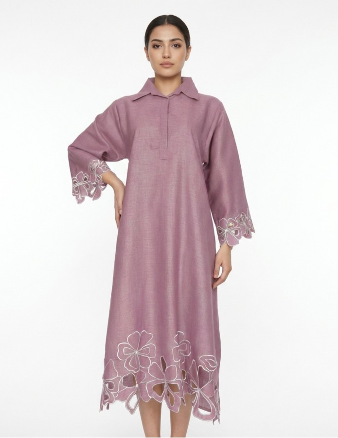 Purple Linen-Style Jalabiya with Laser-Cut Floral Details