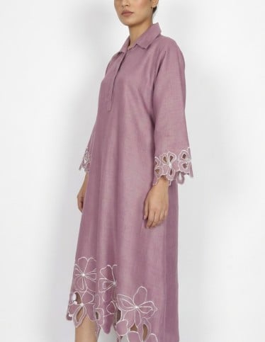 Purple Linen-Style Jalabiya with Laser-Cut Floral Details