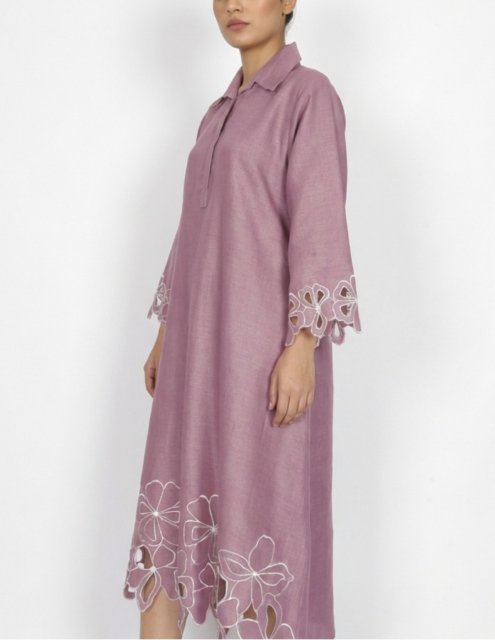 Purple Linen-Style Jalabiya with Laser-Cut Floral Details