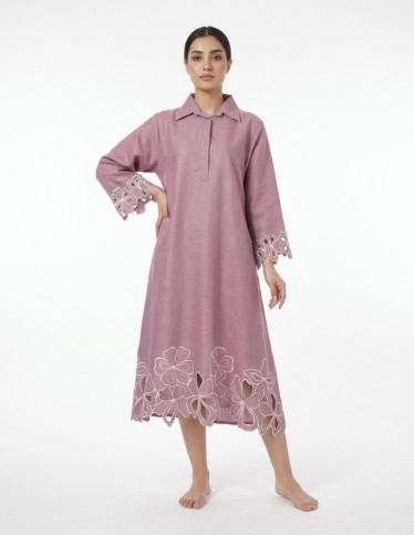 Purple Linen-Style Jalabiya with Laser-Cut Floral Details