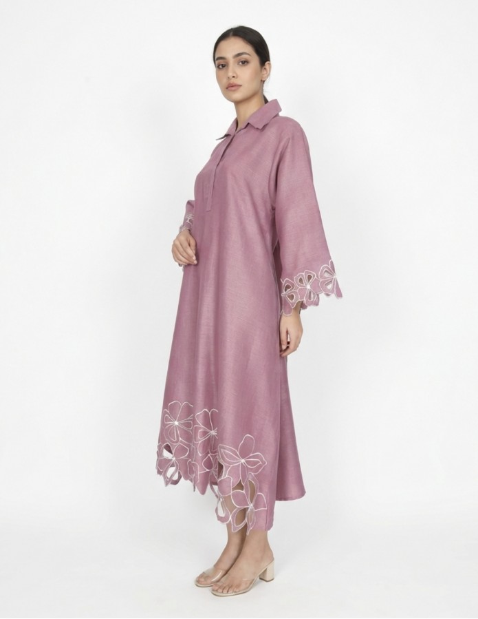Purple Linen-Style Jalabiya with Laser-Cut Floral Details
