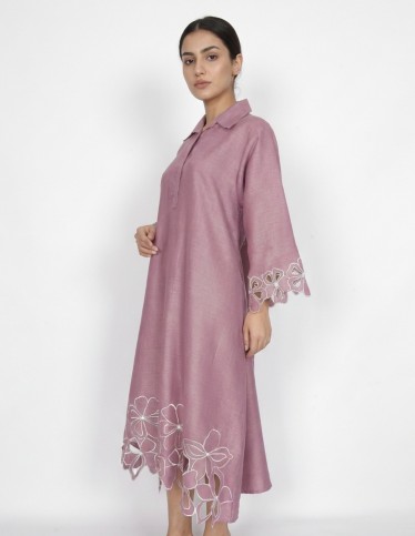 Purple Linen-Style Jalabiya with Laser-Cut Floral Details