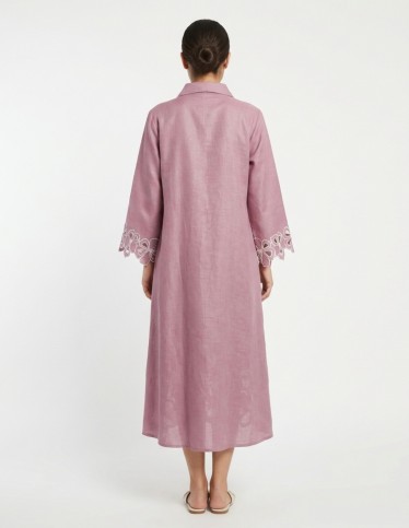 Purple Linen-Style Jalabiya with Laser-Cut Floral Details