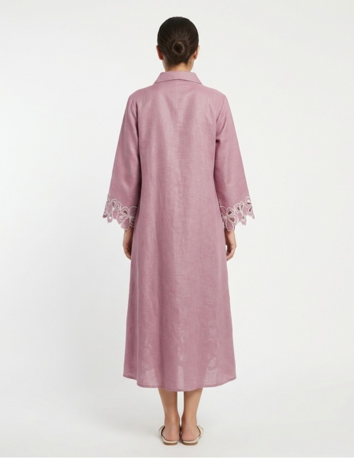 Purple Linen-Style Jalabiya with Laser-Cut Floral Details