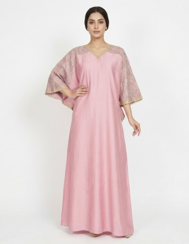 Elegant Pink Cape-Style Jalabiya with Gold Embroidery