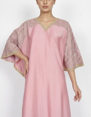 Elegant Pink Cape-Style Jalabiya with Gold Embroidery