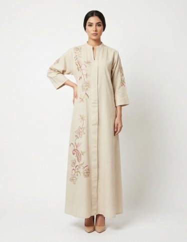 Creamy Elegance Asymmetrical Embroidered Jalabiya