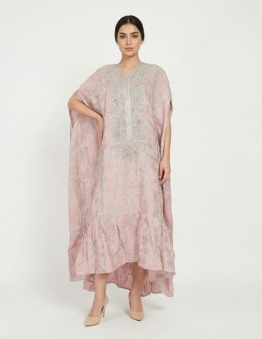 Elegant Pastel Pink Kaftan with Silver Embroidery and High-Low Hem